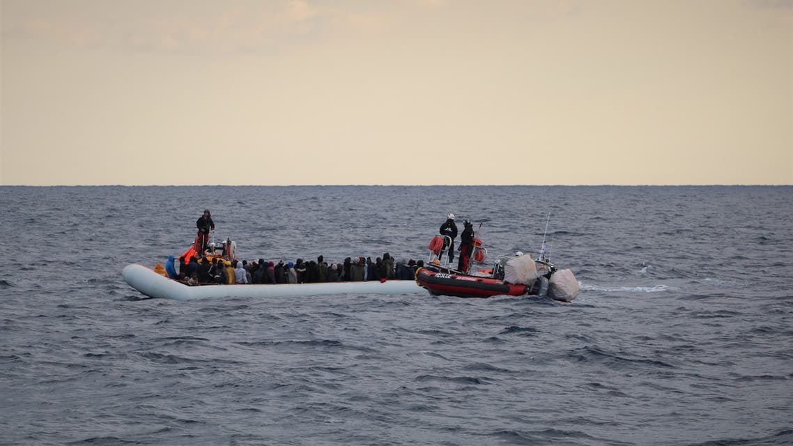 Migrants wearing lifejackets on a rubber dinghy are pictured during a rescue operation by the MSF-SOS Mediterranee run Ocean Viking rescue ship, off the coast of Libya in the Mediterranean Sea, February 18, 2020. Picture taken February 18, 2020. Hannah Wallace Bowman/MSF/Handout via REUTERS ATTENTION EDITORS - THIS PICTURE WAS PROVIDED BY A THIRD PARTY