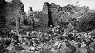 A picture released by the Armenian Genocide Museum-Institute dated 1915 purportedly shows soldiers standing over skulls of victims from the Armenian village of Sheyxalan in the Mush valley, on the Caucasus front during the First World War. Armenians say up to 1.5 million of their forebears were killed in a 1915-16 genocide by Turkey's former Ottoman Empire. Turkey says 500,000 died and ascribes the toll to fighting and starvation during World War I. AFP PHOTO / ARMENIAN GENOCIDE MUSEUM INSTITUTE