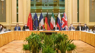 This handout photo taken and released by the EU Delegation in Vienna on April 20, 2021 shows delegation members from the parties to the Iran nuclear deal - Germany, France, Britain, China, Russia and Iran – attending a meeting at the Grand Hotel of Vienna as they try to restore the deal. Diplomats from Britain, China, France, Germany, Iran and Russia have been meeting regularly since early this month in a luxury Vienna hotel, while US diplomats are participating indirectly in the talks from a nearby hotel. (AFP)