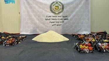Amphetamine narcotics tablets smuggled through pomegranate shipment coming from Lebanon is seized in Saudi Arabia on Friday April 23, 2021. (SPA)