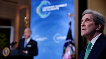 US Special Presidential Envoy for Climate John Kerry looks on during a virtual Climate Summit with world leaders in the East Room at the White House in Washington, US, on April 23, 2021. (Reuters)