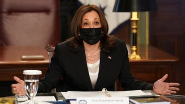 US Vice President Kamala Harris reacts during a virtual roundtable of experts on the Northern Triangle at the White House in Washington, DC, US April 14, 2021. (Reuters/Kevin Lamarque)
