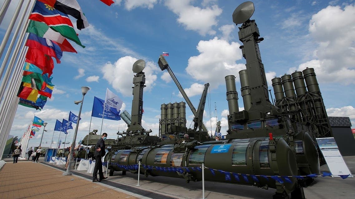 Russian Antey-4000 anti-aircraft missile systems are on display during the International military-technical forum “Army-2020” at Patriot Congress and Exhibition Centre in Moscow Region, Russia, on August 23, 2020. (Reuters)