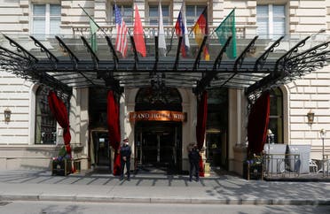 Police stand outside a hotel where a meeting of the JCPOA is held in Vienna, Austria, April 20, 2021. (Reuters)