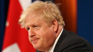 Britain's Prime Minister Boris Johnson in the Downing Street Briefing Room in central London on April 22, 2021. (AFP)