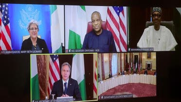 Secretary of State Antony Blinken during a virtual bilateral meeting with Nigeria's President Muhammadu Buhari in Washington, April 27, 2021. (Reuters)