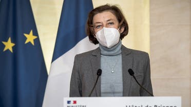 French Defence Minister Florence Parly holds a press conference with the German Defence minister following their meeting at the Hotel de Brienne building of the French Ministry of Armed Forces in Paris on April 20, 2021. (Pool/AFP)