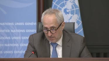 Stephane Dujarric, spokesman for the UN Secretary-General during a press briefing on the informal talks on Cyprus in Geneva, Switzerland. (United Nations via Reuters)
