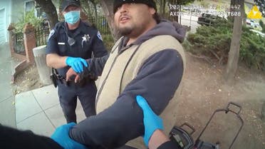 In this image taken from Alameda Police Department body camera video, Alameda Police Department officers attempt to take 26-year-old Mario Gonzalez into custody, April 19, 2021, in Alameda, Calif. The video goes on to show officers pinning Gonzalez to the ground during the arrest that ended in his death. (AP)