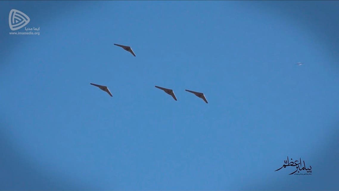 This photo released Jan. 15, 2021, by the Imamedia, shows Iranian drones flying during a drill. (AP)