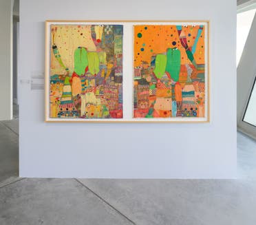 Huguette Caland, Rossinante Diptych, 2011. 2 paintings: acrylic and pen on canvas; 100 x 130 x 2 cm. Installation view: Unsettled Objects, Sharjah Art Foundation, 2021. (Photo: Sharjah Art Foundation)