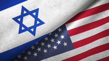 United States and Israel two flags together textile cloth fabric texture stock photo