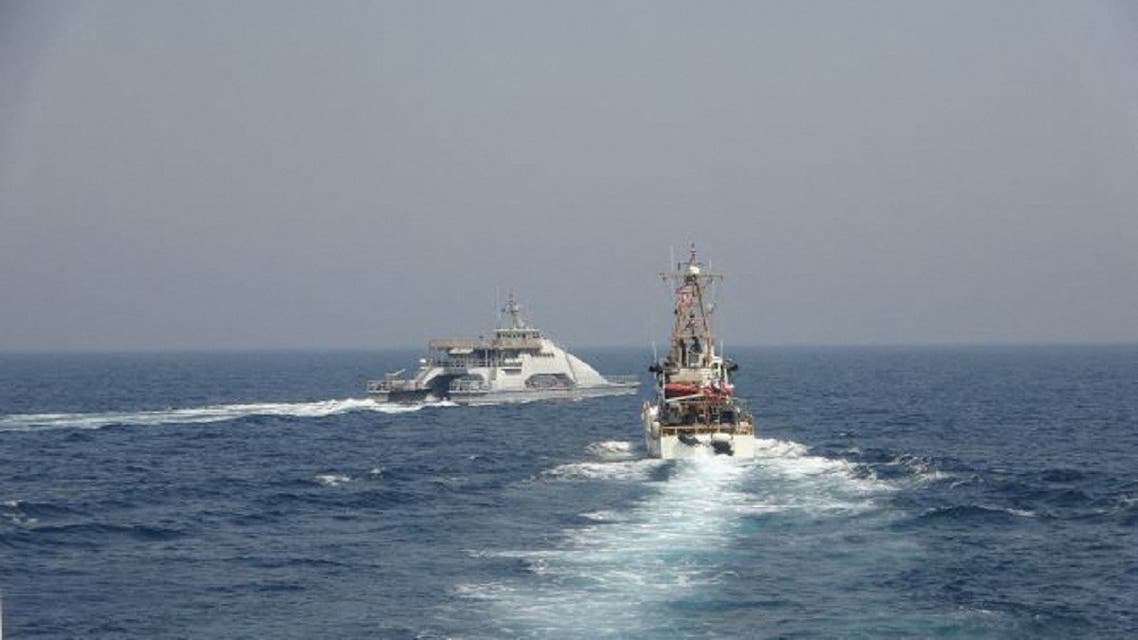 A US Coast Guard patrol boat during a routine maritime security patrol in international waters of the southern Arabian Gulf, April 2, 2021. (AFP)