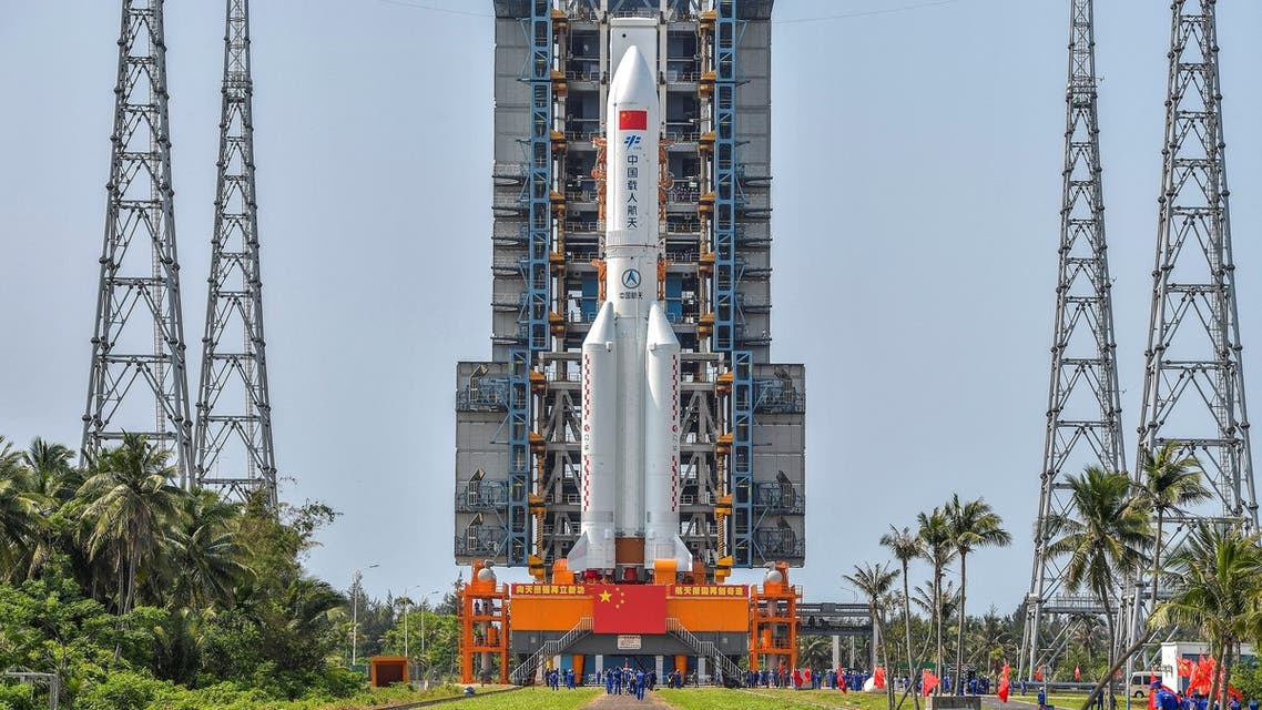 This photo taken on April 23, 2021 shows the Long March 5B rocket, which is expected to launch China's Tianhe space station core module on April 29, at the Wenchang Spacecraft Launch Site in southern China's Hainan province. (File photo: AFP)