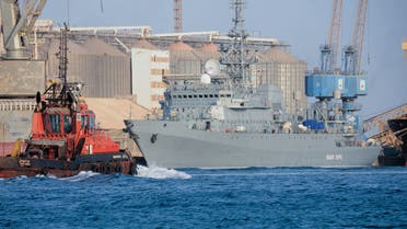 The Russian navy intelligence collection ship Ivan Khurs is docked at the port of the Sudanese city of Port Sudan, on April 10, 2021.