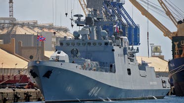 This picture taken on March 1, 2021 shows a view of the Russian Navy frigate RFS Admiral Grigorovich (494), anchored in Port Sudan.