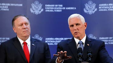Former U.S. Vice President Mike Pence speaks during a news conference, as former U.S. Secretary of State Mike Pompeo looks on, at the U.S. Embassy in Ankara, Turkey, October 17, 2019. (File photo: Reuters)