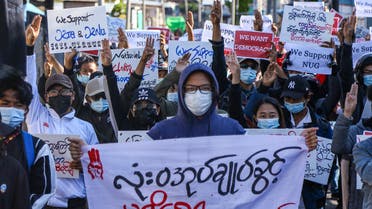 Protesters take part in a demonstration against the military coup during Global Myanmar Spring Revolution Day in Taunggyi, Shan state on May 2, 2021.