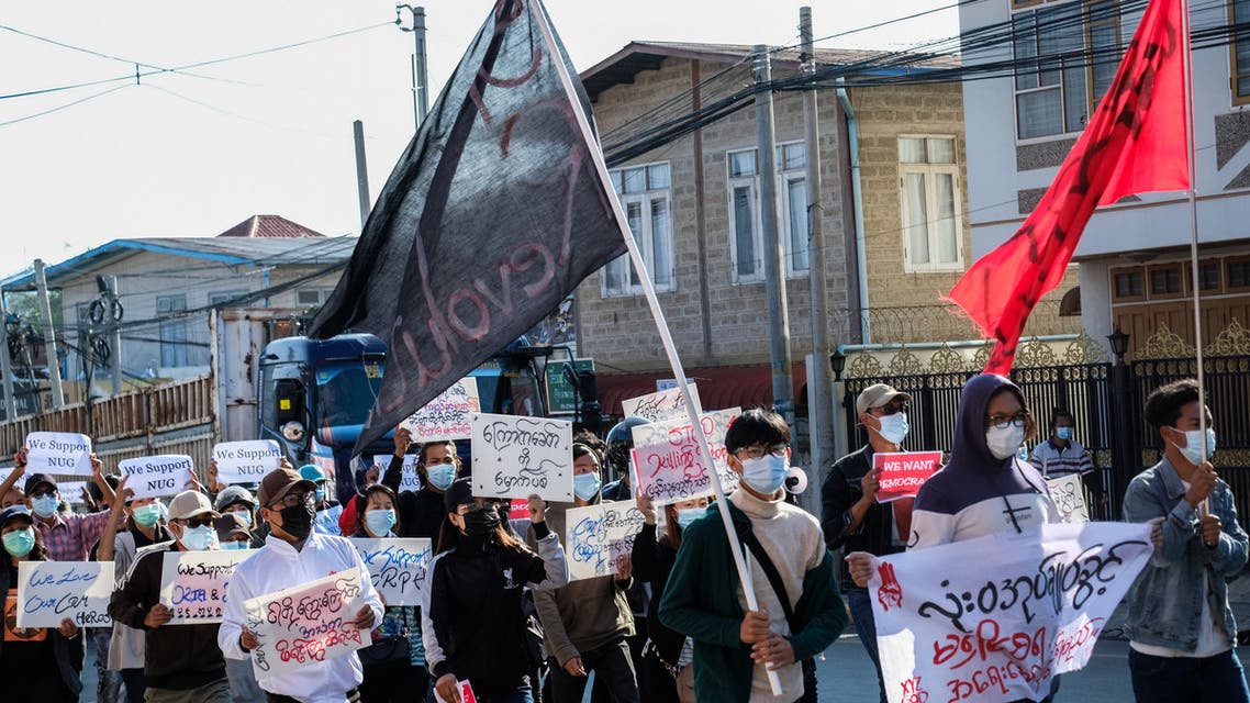 Protesters take part in a demonstration against the military coup during Global Myanmar Spring Revolution Day in Taunggyi, Shan state on May 2, 2021.