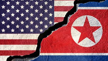 Waving flag of North Korea and USA stock photo