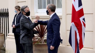 UK Foreign Secretary Dominic Raab greets US Secretary of State Antony Blinken in London, May 3, 2021. (Reuters)