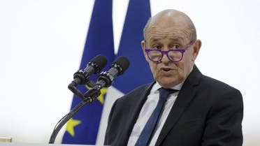 French Foreign Minister Jean-Yves Le Drian attends a session at French employers' association Medef's summer meeting at the Longchamp horse racetrack in Paris on August 26, 2020. (AFP)