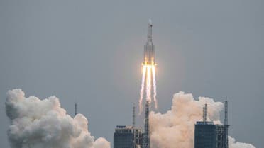 A Long March 5B rocket, carrying China's Tianhe space station core module, lifts off from the Wenchang Space Launch Center in southern China's Hainan province on April 29, 2021. (AFP)
