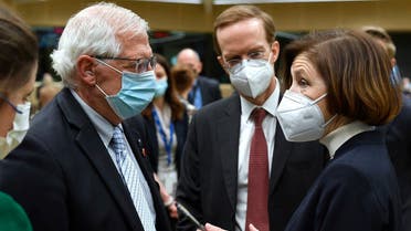 EU foreign policy chief Josep Borrell (left), speaks with French Defense Minister Florence Parly, right, at the European Council building in Brussels, May 6, 2021. (AP)