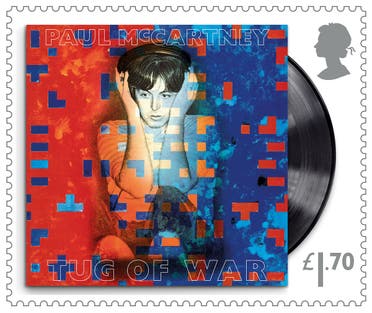 A still of a Royal Mail stamp created in honor of Sir Paul McCartney shows the cover of his studio album “Tug of War.” (Reuters)