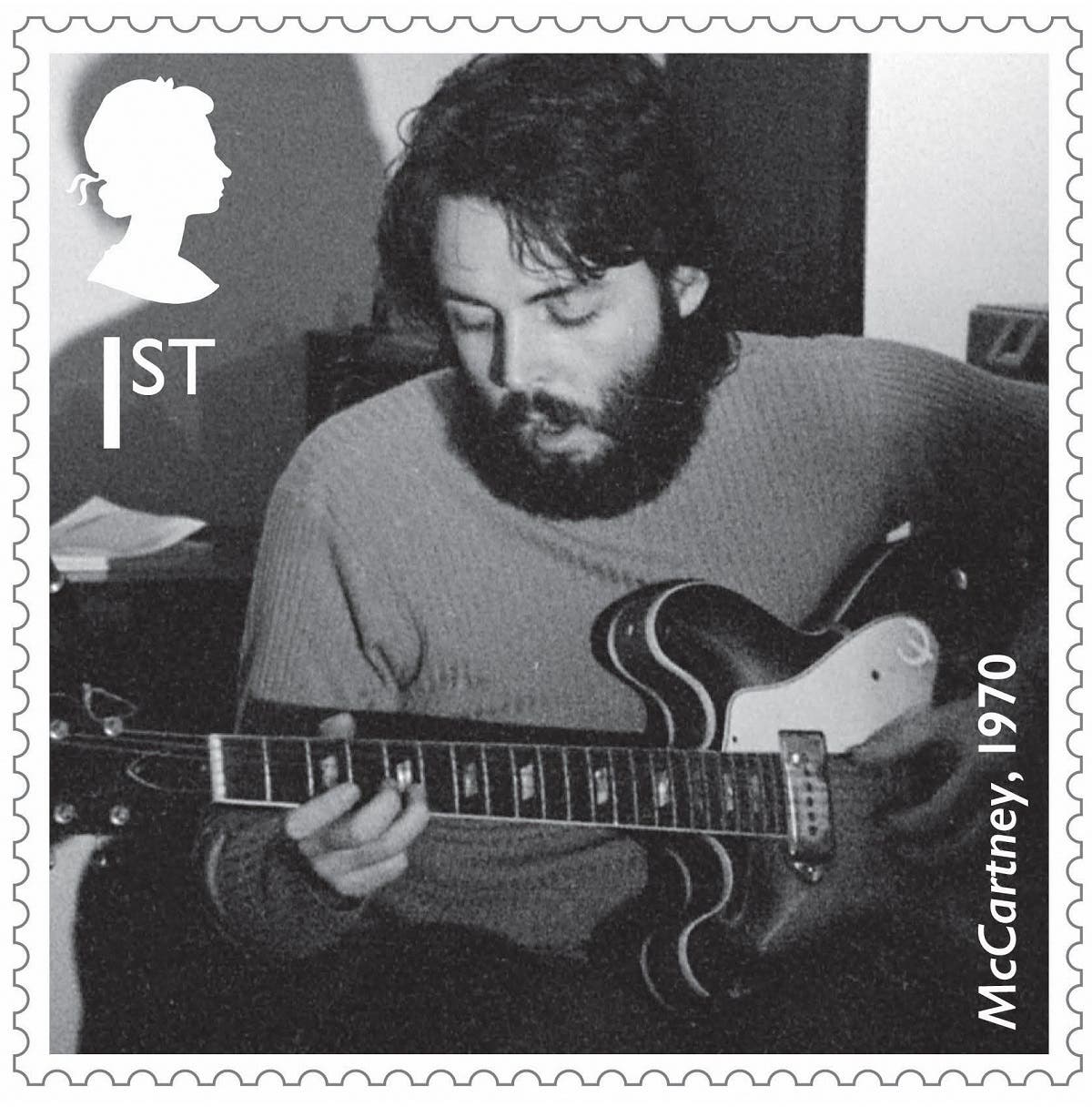 A still of a Royal Mail stamp created in honor of Sir Paul McCartney shows him in the studio working on the “McCartney” album in 1970. (Reuters)