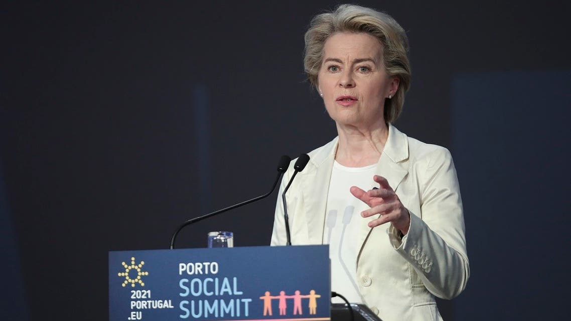 European Commission President Ursula von der Leyen speaks during the opening ceremony of an EU summit at the Alfandega do Porto Congress Center in Porto, Portugal, on May 7, 2021. (AP)