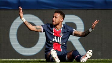 Paris St Germain's Neymar reacts during a match against Lille, at the Parc des Princes, April 3, 2021. (Reuters)