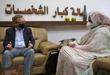 US Special Envoy for the Horn of Africa Jeffrey Feltman meets with Sudanese Foreign Minister Maryam al-Sadeq al-Mahdi in Khartoum on May 7, 2021. (AFP)