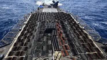 This handout photo courtesy of US Navy and made available on May 10, 2021, shows a vessel on which weapons were seized by the guided-missile cruiser USS Monterey in international waters of the North Arabian Sea. (AFP)