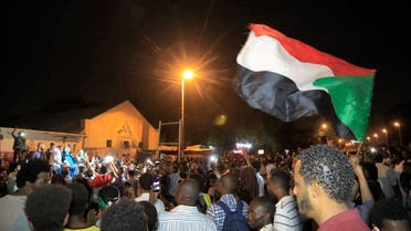 Demonstrators gather outside the army headquarters in Sudan’s capital Khartoum on May 11, 2021 on the anniversary of the killing of Sudanese protesters during a raid on an anti-government sit-in in 2019. (Ashraf Shazly/AFP)