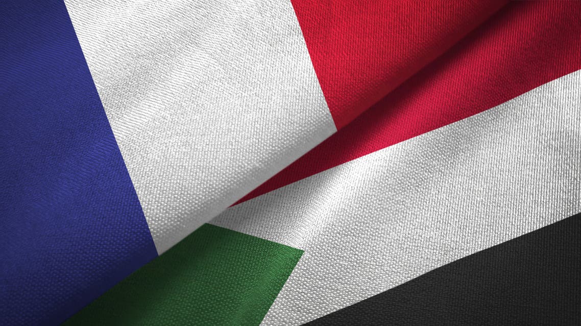 Sudan and France two flags together textile cloth, fabric texture stock photo