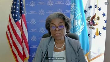 A screengrab shows US ambassador to the United Nations Linda Thomas-Greenfield speaking during the UNSC virtual session on the Israeli-Palestinian conflict, May 16, 2021. (Reuters)  