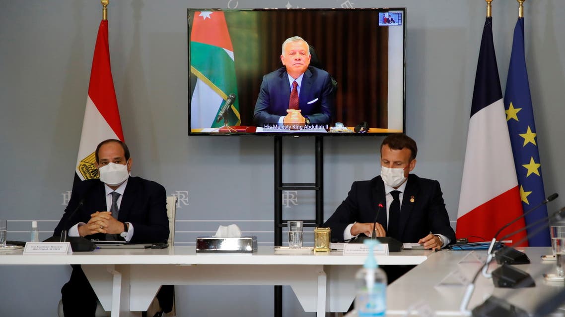 French President Emanuel Macron and Egyptian President?Abdel Fattah al-Sisi attend video conference with Jordan's King Abdullah II ibn Al Hussein (on screen) to work on a concrete proposal for a ceasefire and a possible path to discussions between Israel and the Palestinians at the Elysee Palace in Paris, France, May 18, 2021. (Reuters)