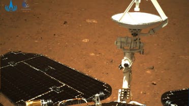 This picture released on May 19, 2021, by the China National Space Administration (CNSA) via CNS shows an image taken by the navigation camera of China's Zhurong rover on the surface of Mars, showing the rover's solar panels and antenna, after it landed on Mars on May 15, 2021.