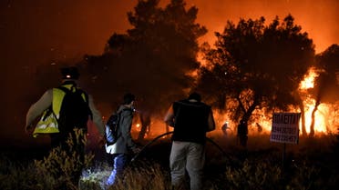 Flames rise as firefighters and volunteers try to extinguish a fire burning in the village of Schinos, near Corinth, Greece, May 19, 2021. Picture taken May 19, 2021. REUTERS/Vassilis Psomas