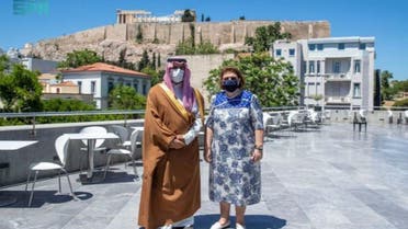 Saudi Arabia’s Minister of Culture Prince Badr bin Farhan meets with Greece’s President Katerina Sakellaropoulou. (SPA)