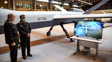 Gen. Hossein Salami (L) and Amir Ali Hajizadeh commander of Aerospace Force of the IRGC, unveiling a new combat drone called ‘Gaza’ in tribute to Palestinians, in Tehran, May 21, 2021. (AFP)