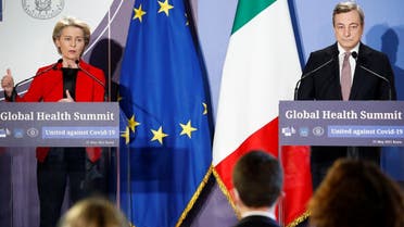 uropean Commission President Ursula von der Leyen speaks next to Italian Prime Minister Mario Draghi during a news conference at a virtual G20 summit on the global health crisis, at Villa Pamphilj in Rome, Italy, on May 21, 2021. (Reuters)