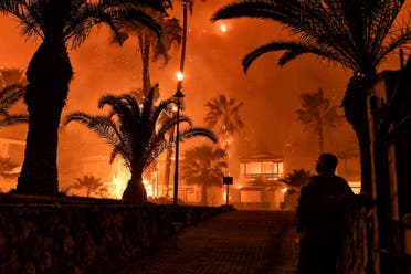 A man stands in front of a wild fire in Schinos, west of Athens, on May 19, 2021. (AFP)