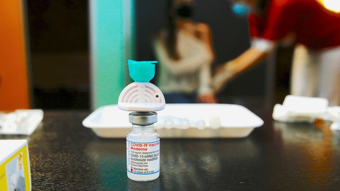 A vial containing the Moderna COVID-19 vaccine is seen at a temporary vaccination center of Swiss Medix health center as the spread of the coronavirus disease continues, in the Offene St. Jakob Kirche Reformed church in Zurich, Switzerland May 12, 2021. (Reuters)