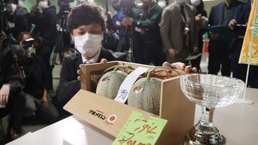 A man shows a pair of Yubari Melons which was sold for 2.7 million yen (about 25,000 USD) during the season's first auction at Sapporo Central Wholesale Market in Sapporo City, Hokkaido Prefecture on May 24, 2021. (AFP)