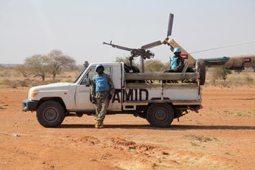 The United Nations-African Union peacekeeping mission in Sudan’s Darfur region (UNAMID) hands over its sector headquarters to the Sudanese government in Khor Abachi, north of Nyala capital of South Darfur State, on February 15, 2021. (AFP)