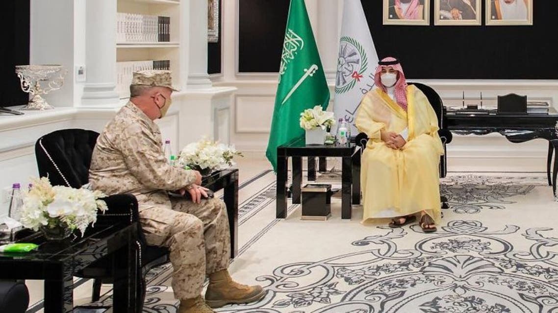 Saudi Arabia’s Deputy Minister of Defense Prince Khalid bin Salman meets with US Marine Corps General Kenneth Franklin McKenzie Jr, commander of the United States Central Command. (SPA)_1_2021052502564203