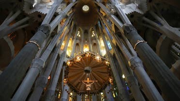An interior of the landmark Sagrada Familia basilica is seen, closed since October of last year, delaying its target of finishing construction by 2026, amid the coronavirus disease (COVID-19) pandemic in Barcelona Spain, May 18, 2021. (Reuters)