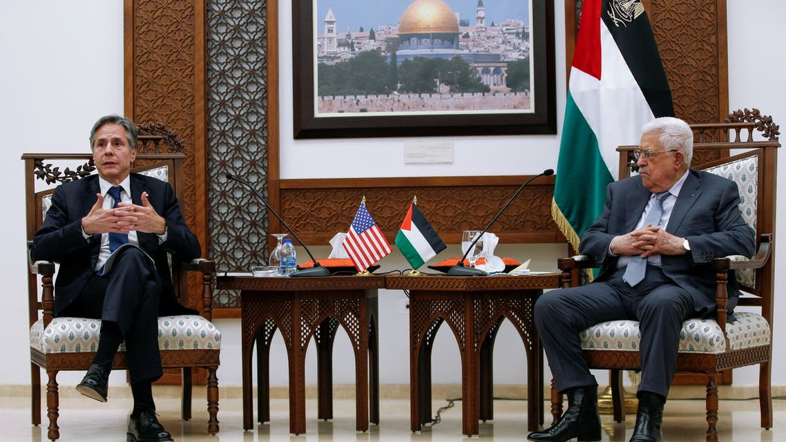 U.S. Secretary of State Antony Blinken speaks with Palestinian President Mahmoud Abbas, in the West Bank city of Ramallah, May 25, 2021. Majdi Mohammed/Pool via REUTERS